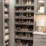 Closet with women's shoes and clothing on shelves.