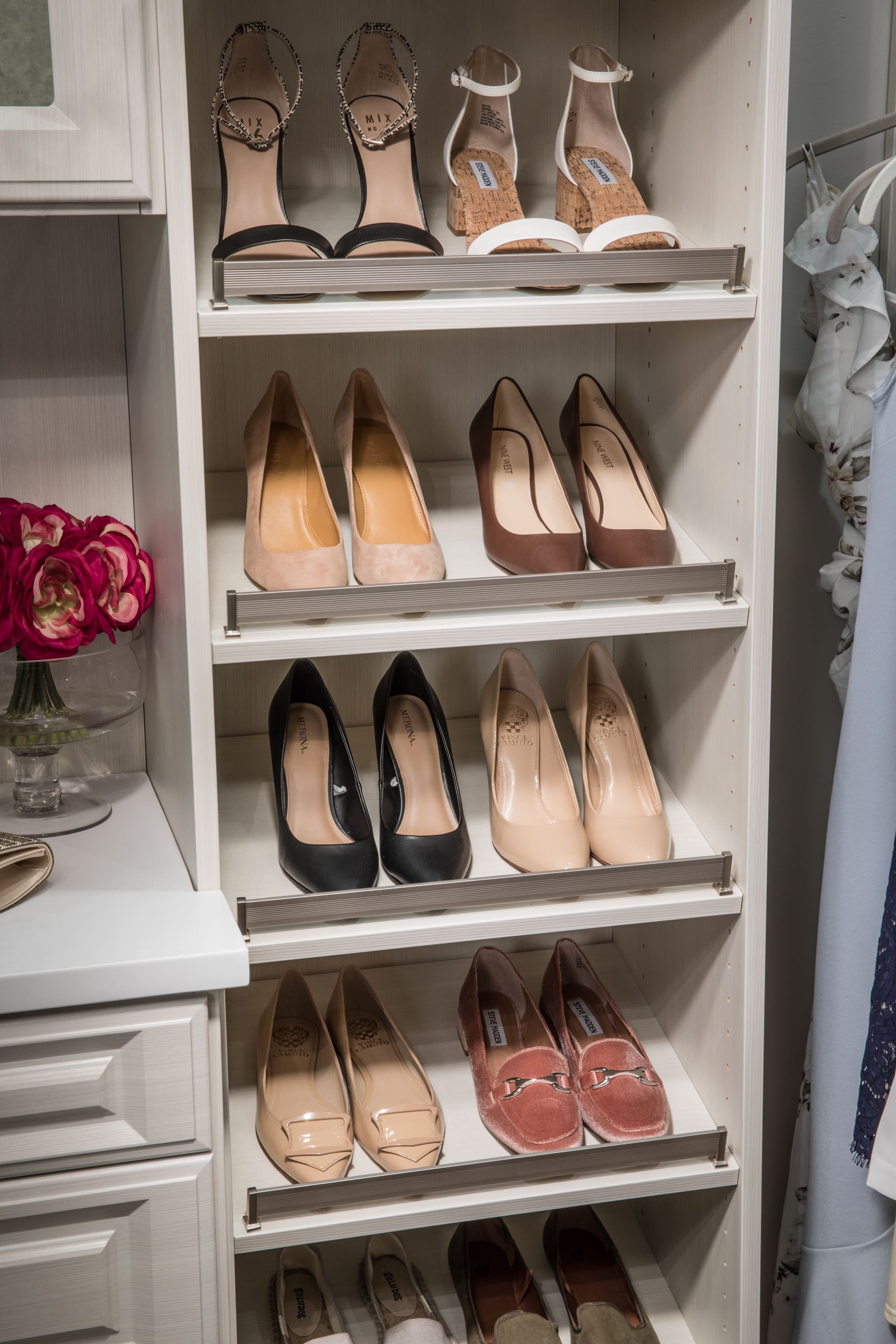 Shoes placed on shoe shelves