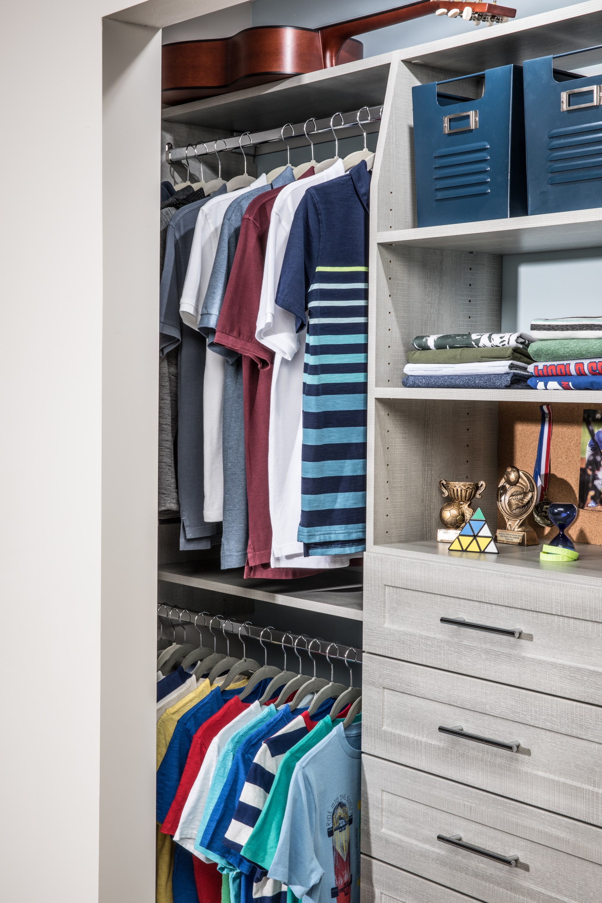 Teenage boy closet full of teenage boy related clothing and items