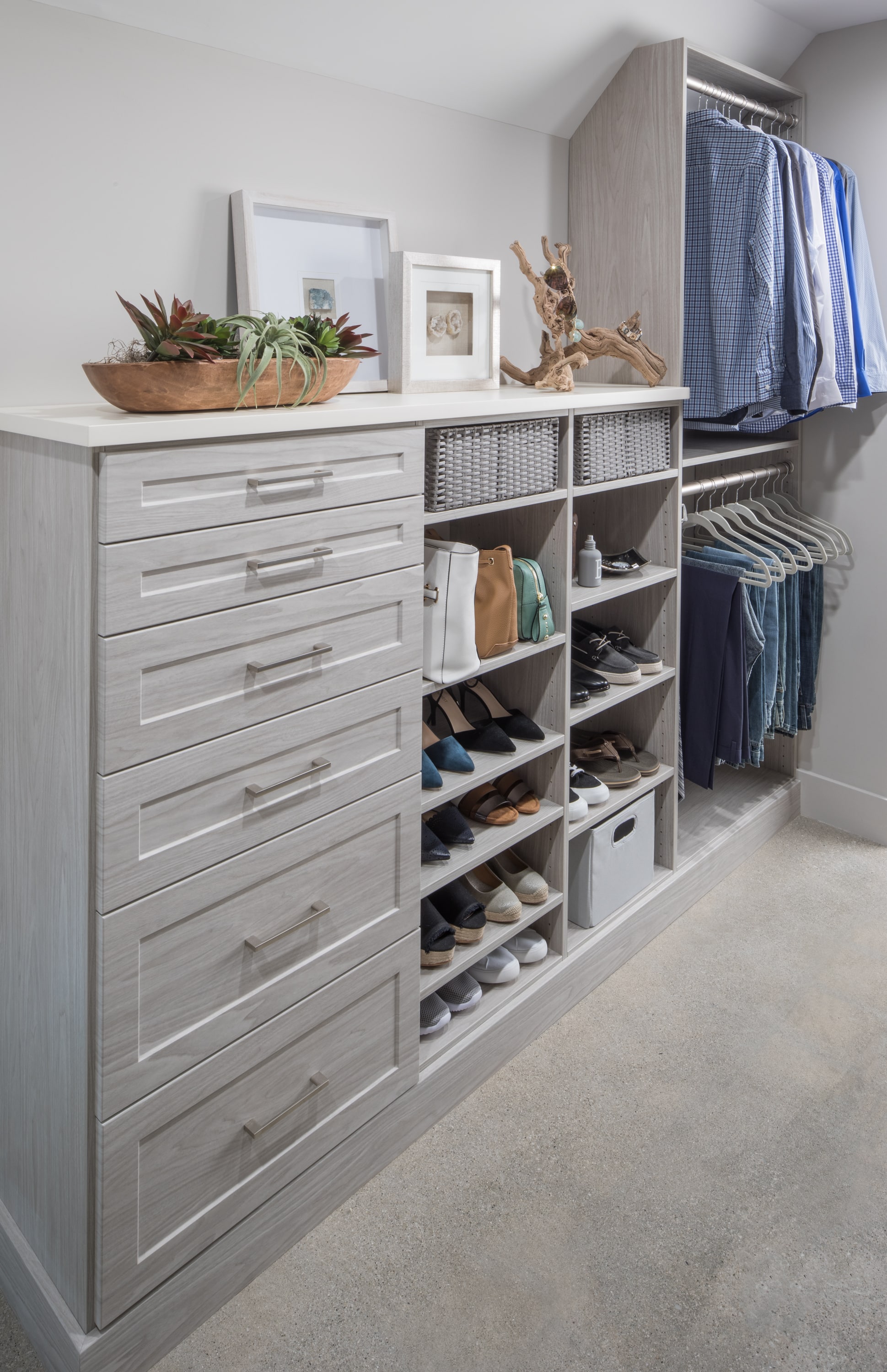 Walk in closet drawers, shelves and racks