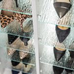 Close up of women's shoes on glass shelves