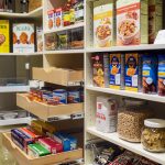 Close up of food items on pantry shelves