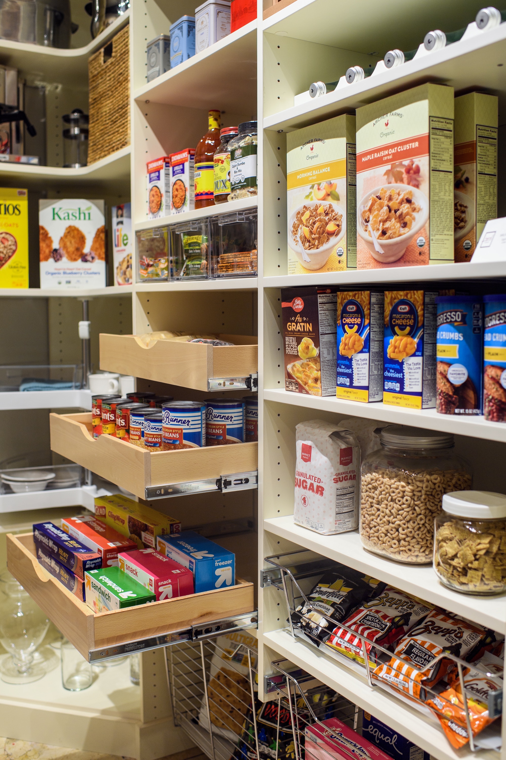 Close up of food items on pantry shelves