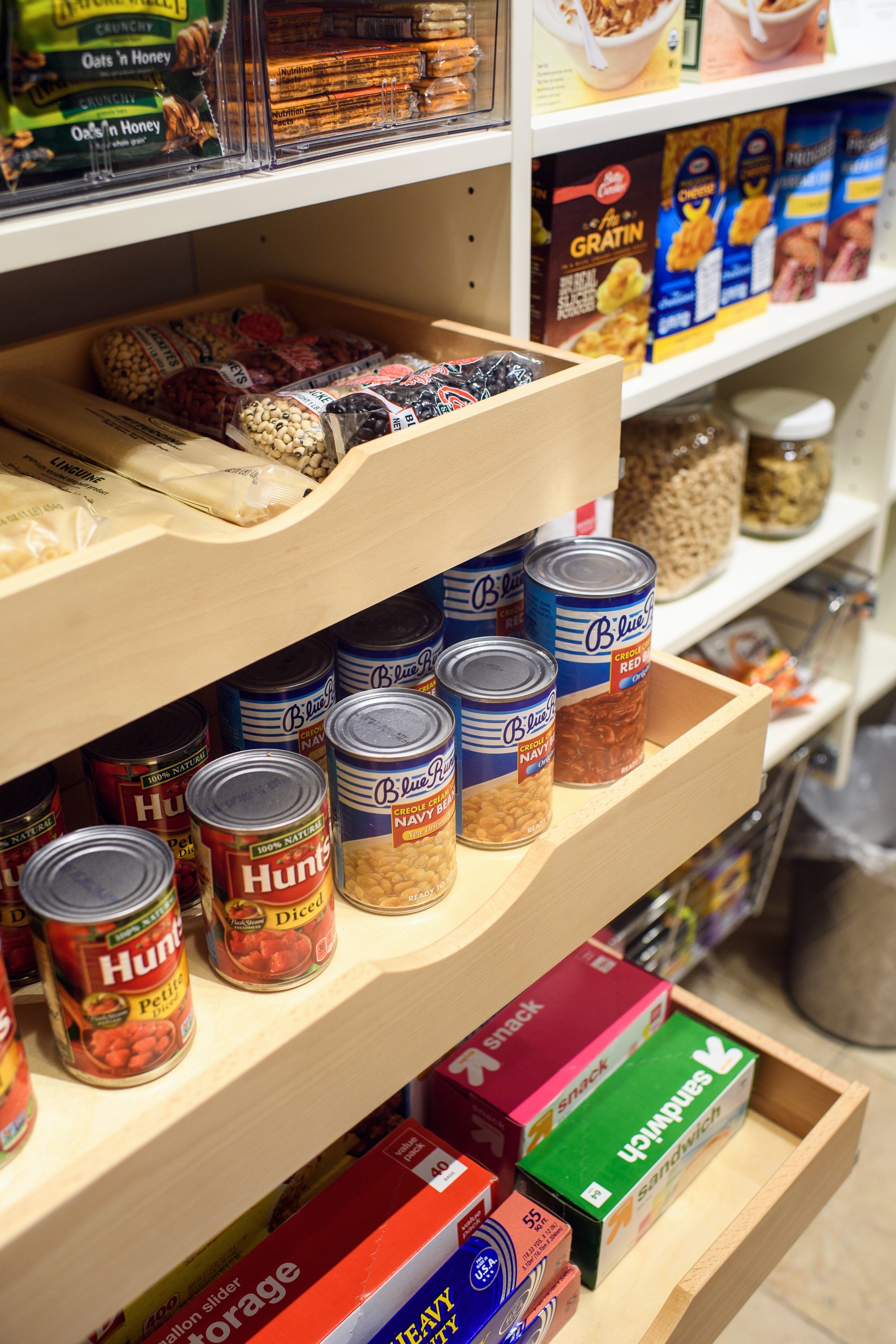 Close up of food items on pantry shelves