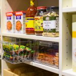 Close up of food items on pantry shelves