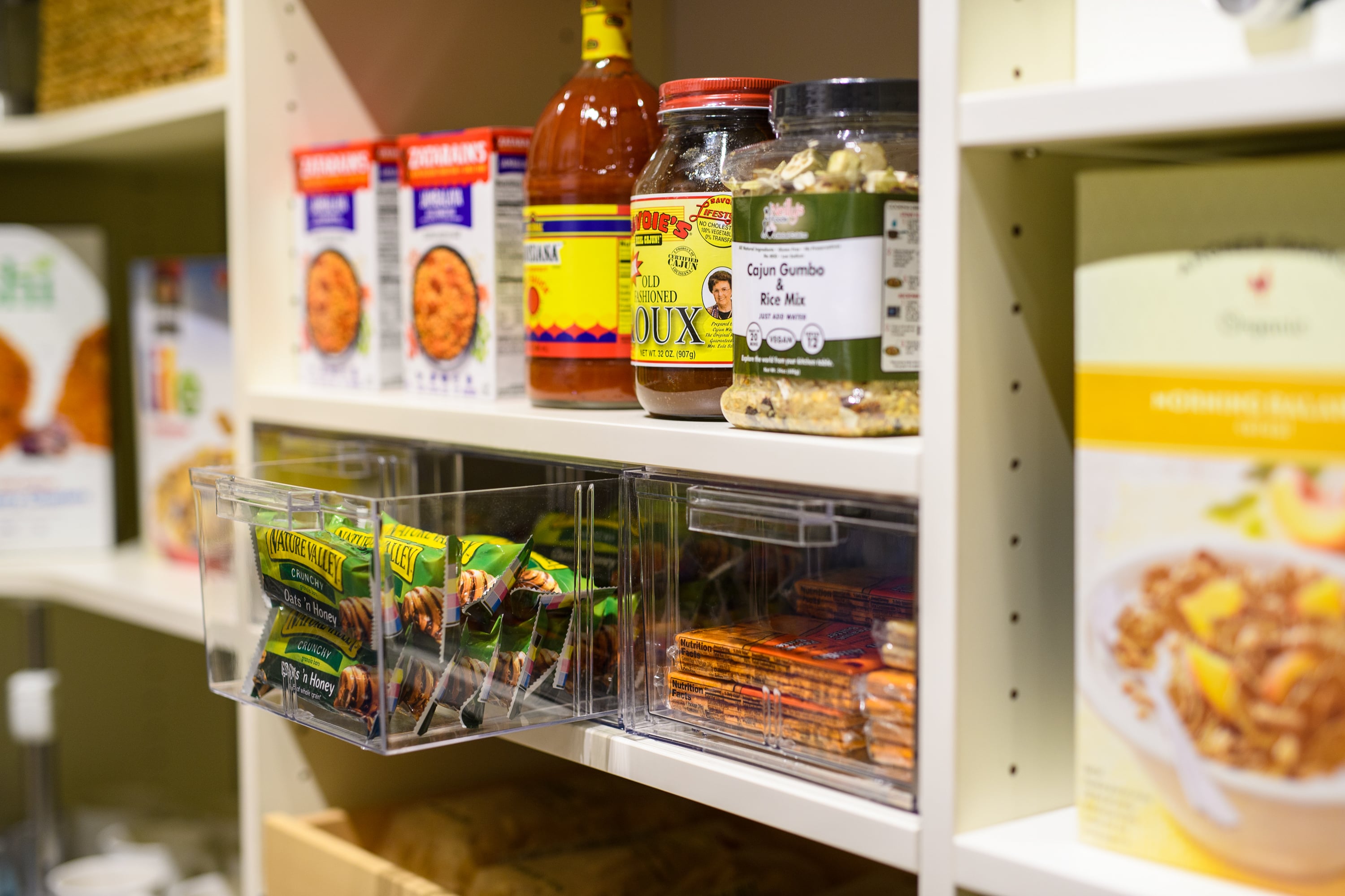 Close up of food items on pantry shelves