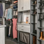 Side view of closet showing shelves, clothing racks and drawers