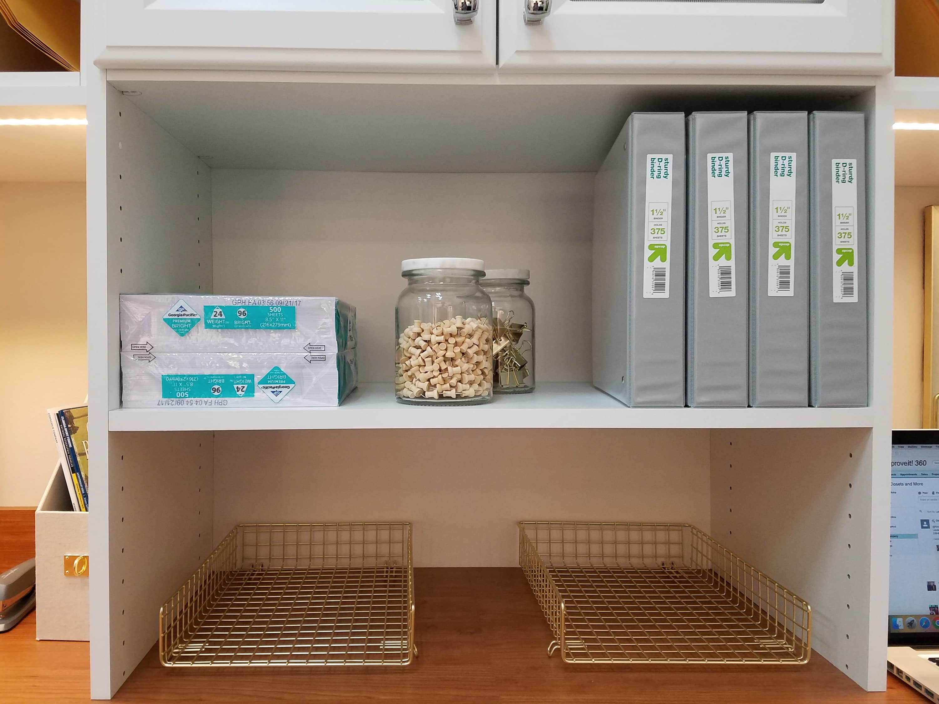 Home office shelves with office materials