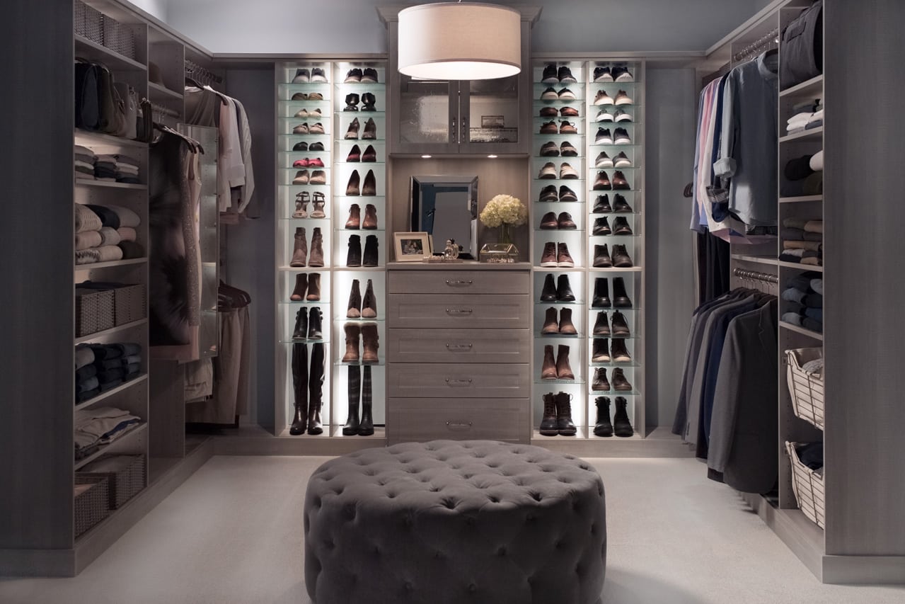 Boutique closet with shelves, drawers and clothing racks