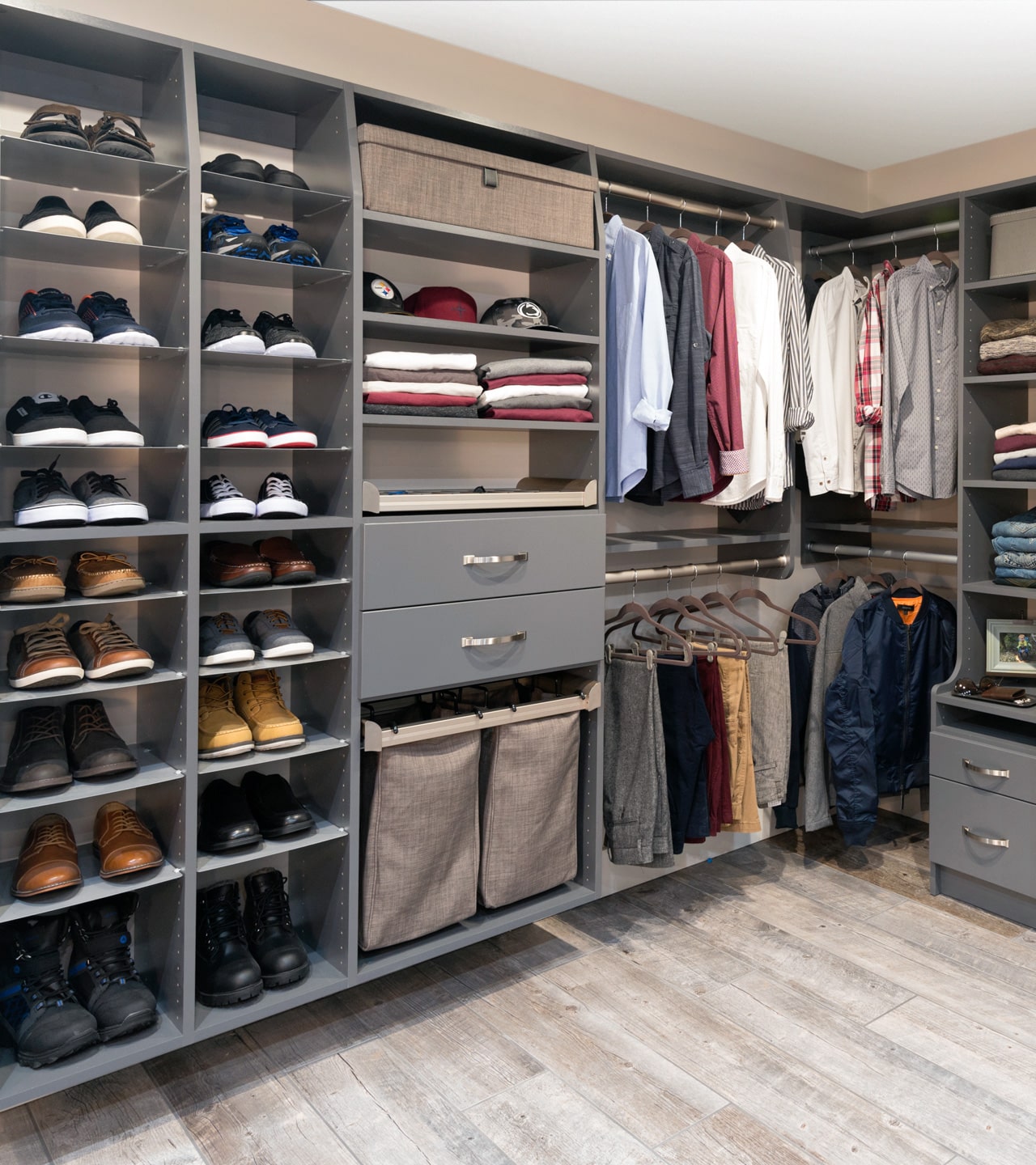 Inspired Closets Shelves and and hanger racks shoes, shirts, hats and other belongings