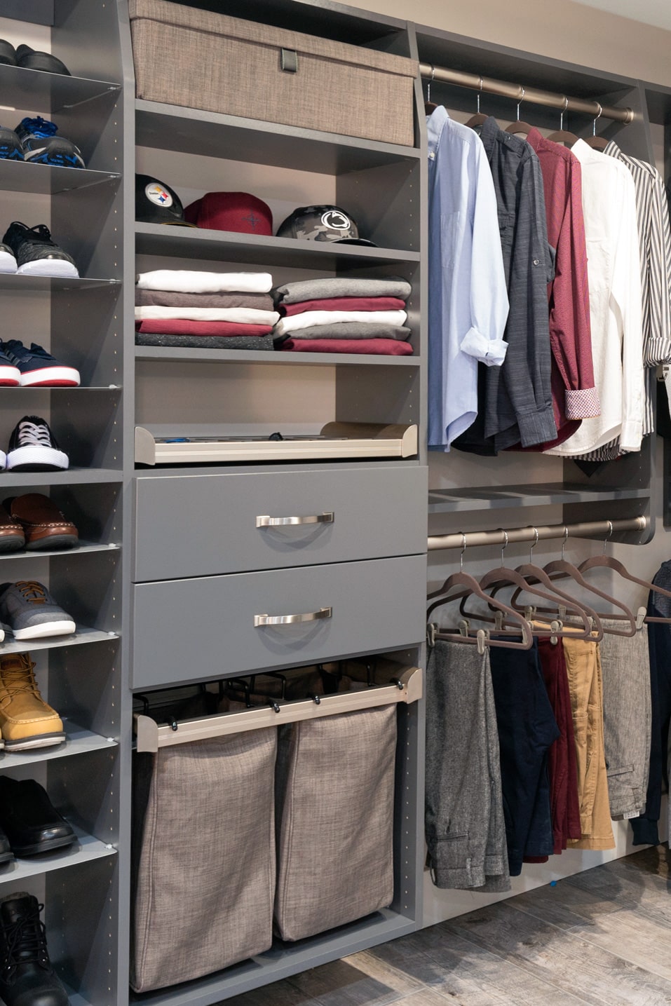 Shelves with hanger racks for shirts, pants and other belongings