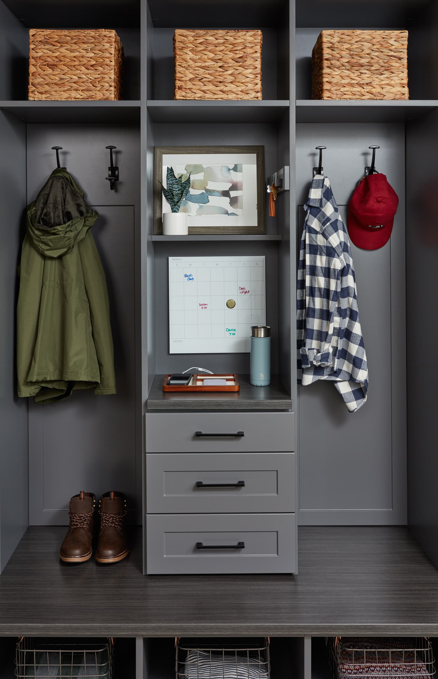 Closet showing items on hooks and shelves