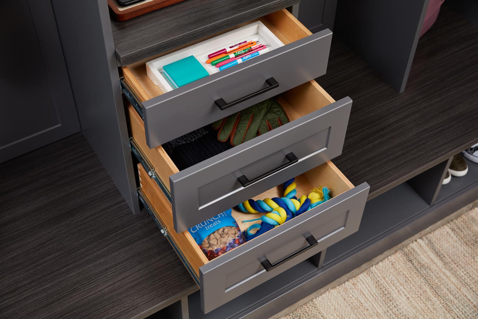 Drawers pulled out showing items inside