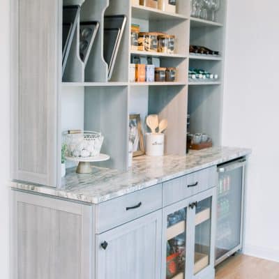 Gray Pantry Hutch with Shelving, Drawers and wine Fridge