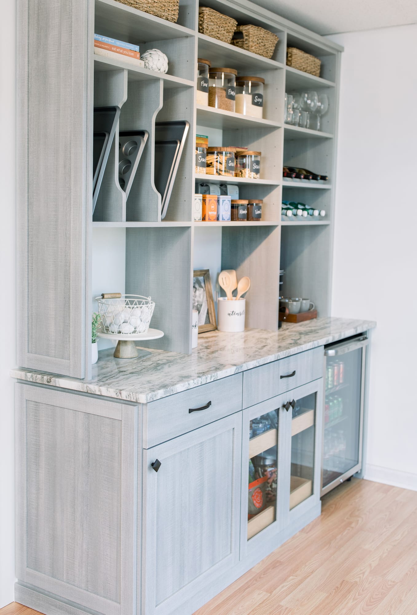 Gray Pantry Hutch with Shelving, Drawers and wine Fridge