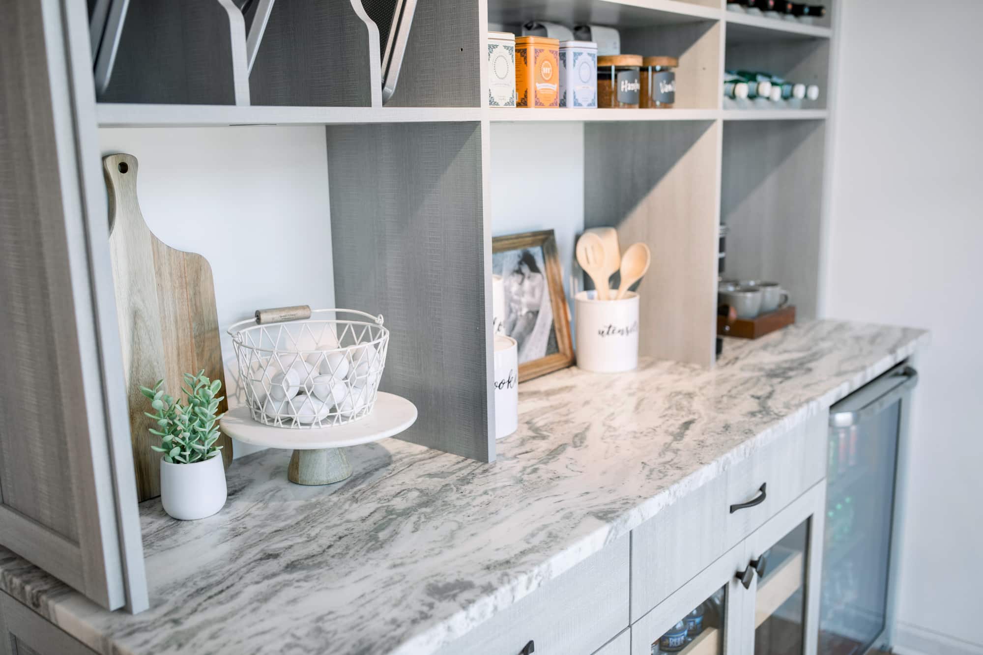 Gray Pantry Hutch with Shelving, Drawers and wine Fridge