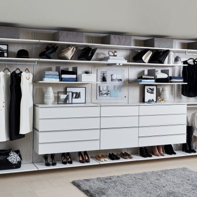 WhiteModernWalk InClosetwithFloatingShelves,Drawers,Purse&ShoeStorage