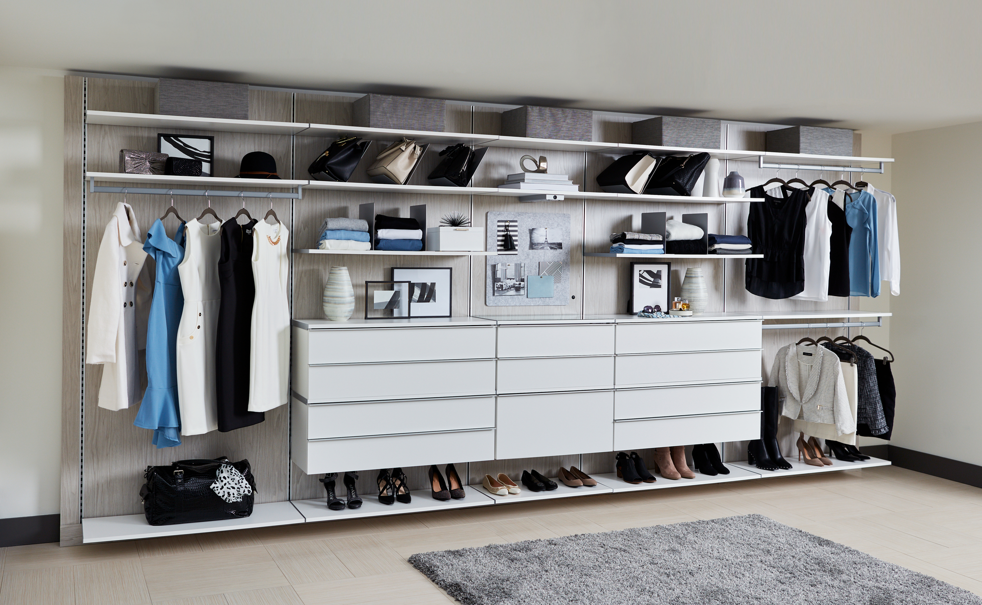 WhiteModernWalk InClosetwithFloatingShelves,Drawers,Purse&ShoeStorage