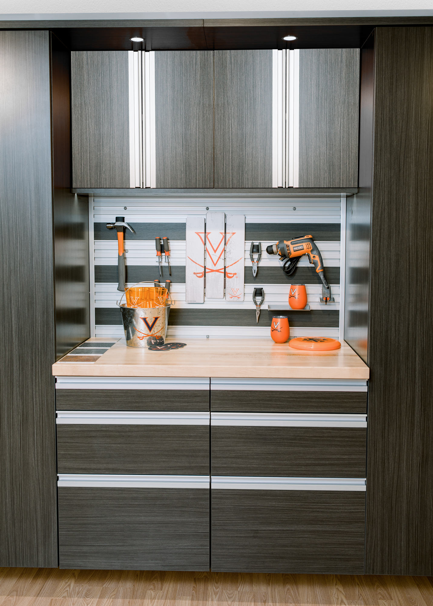 Custom Garage Storage Designed Oak Work Station, Pull Out Drawers and Overhead Cabinets Richmond, VA