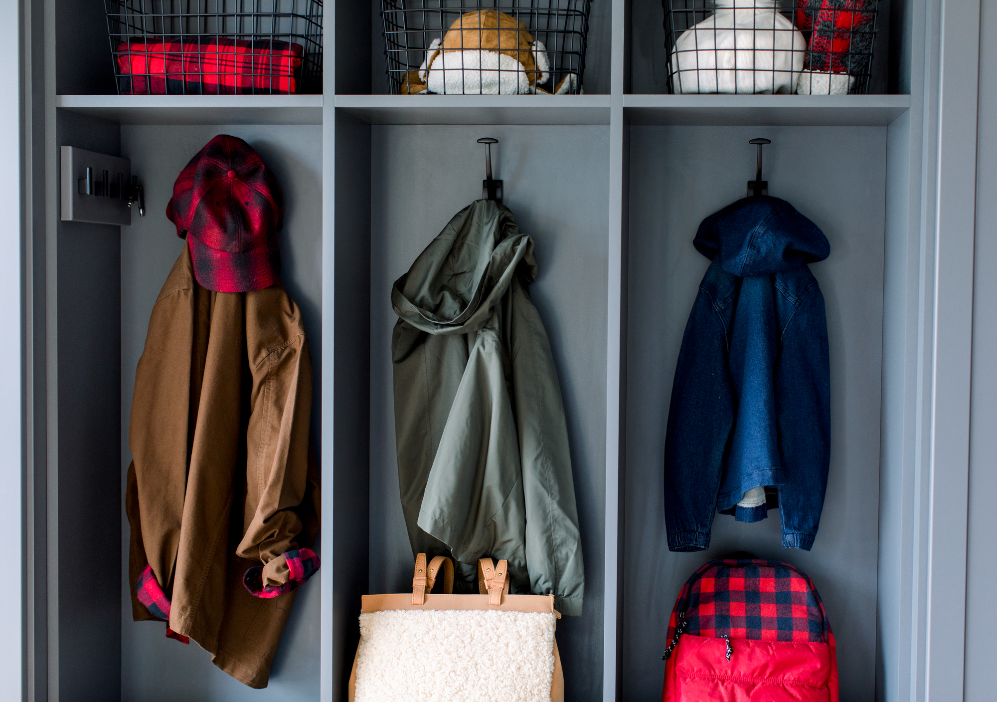 Custom grey coat lockers for for entryway systems