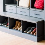 Grey custom shoe storage and bench for entryway