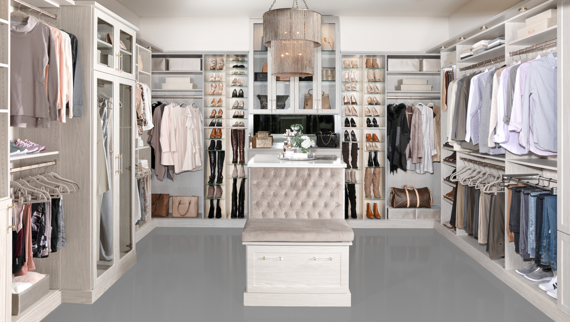 Boutique custom closet solution who shoe shelving, hutch and bench seating from Inspired Closets