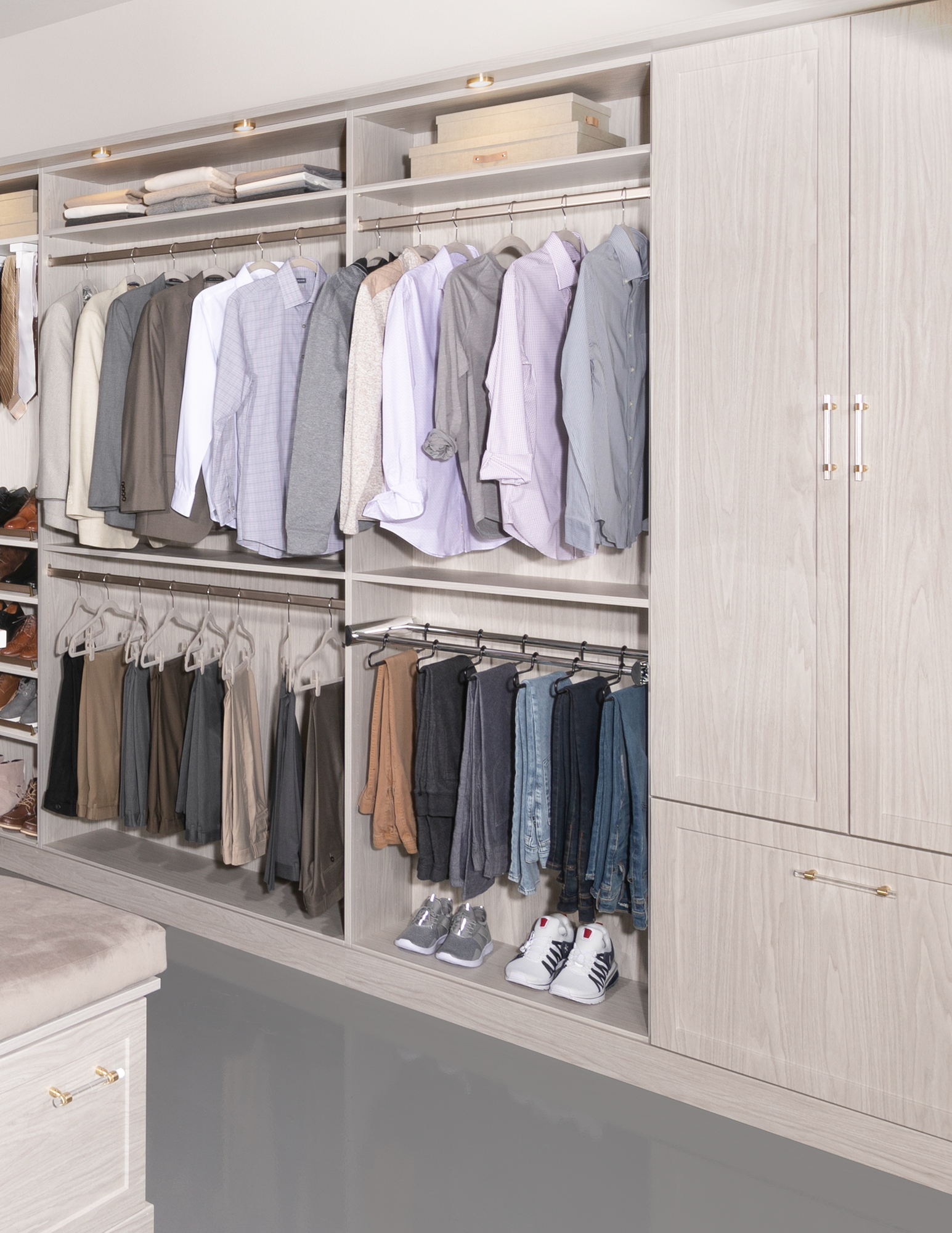 Men’s wardrobe storage in boutique closet system from Inspired Closets