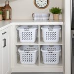 Custom floor mounted boutique laundry room storage with shelving storage