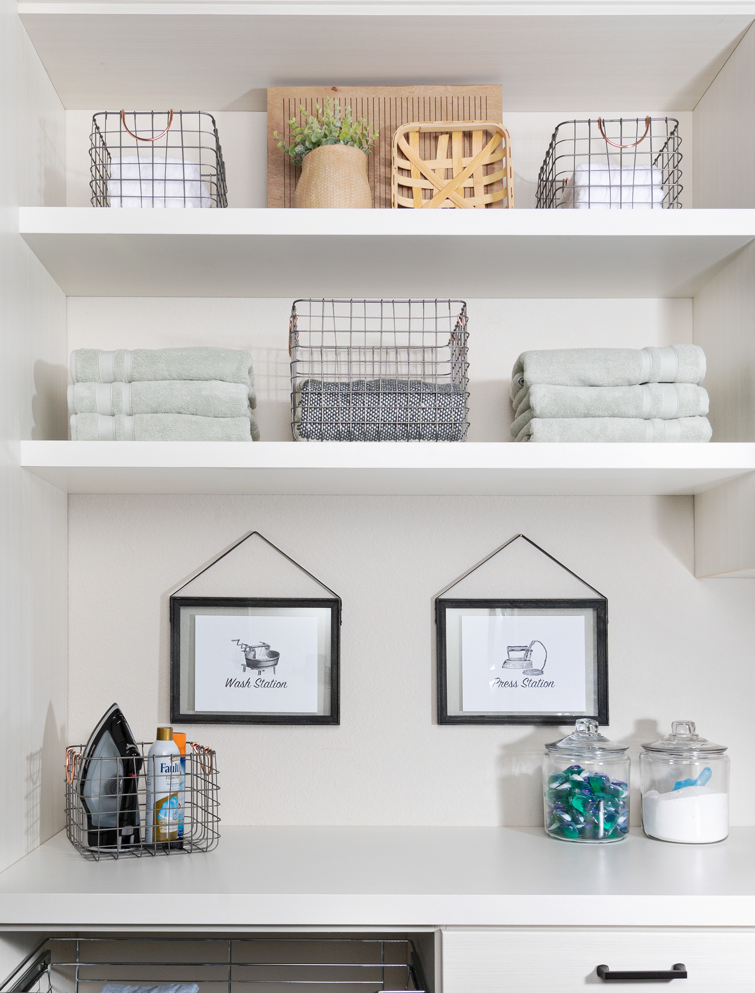 Custom floor mounted boutique laundry room storage easy shelving storage