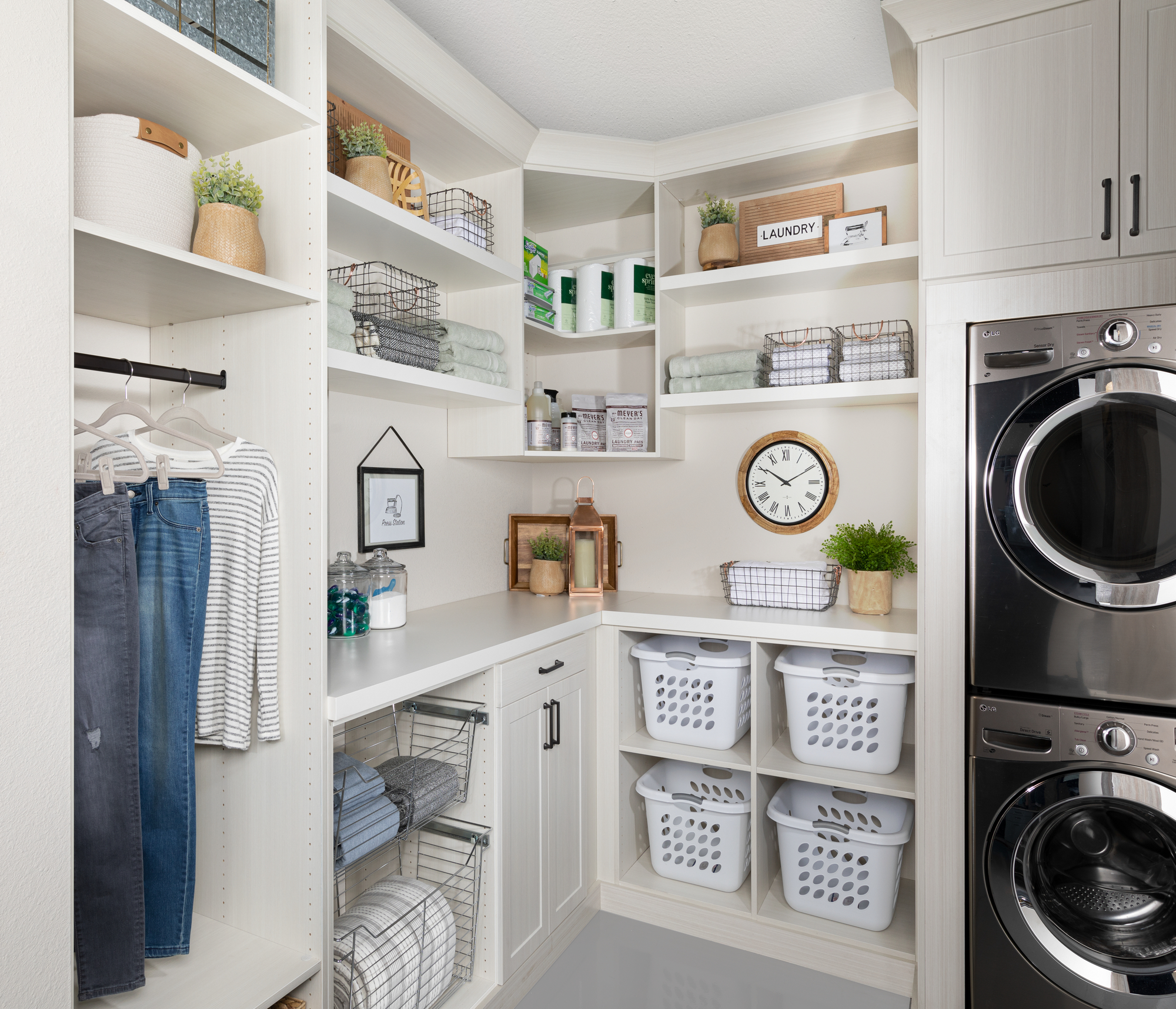 Pantry & laundry room closet organizers with custom shelving in Boston MA.