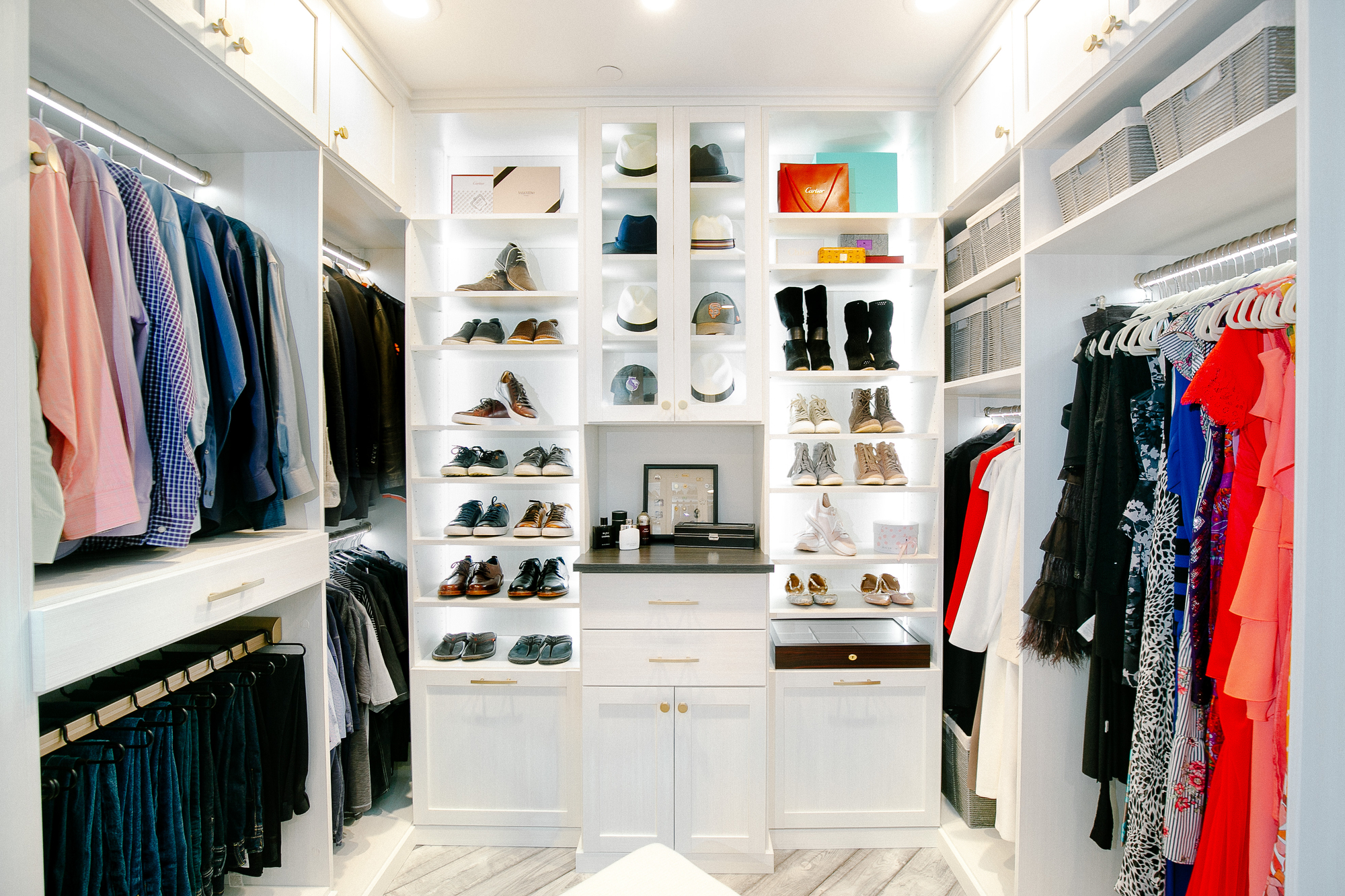 Custom boutique wardrobe with shoe, hat and purse storage in Sacramento
