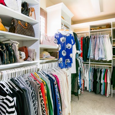 Customwhitewalk inclosetwithpurseandhatstorageinSacramento