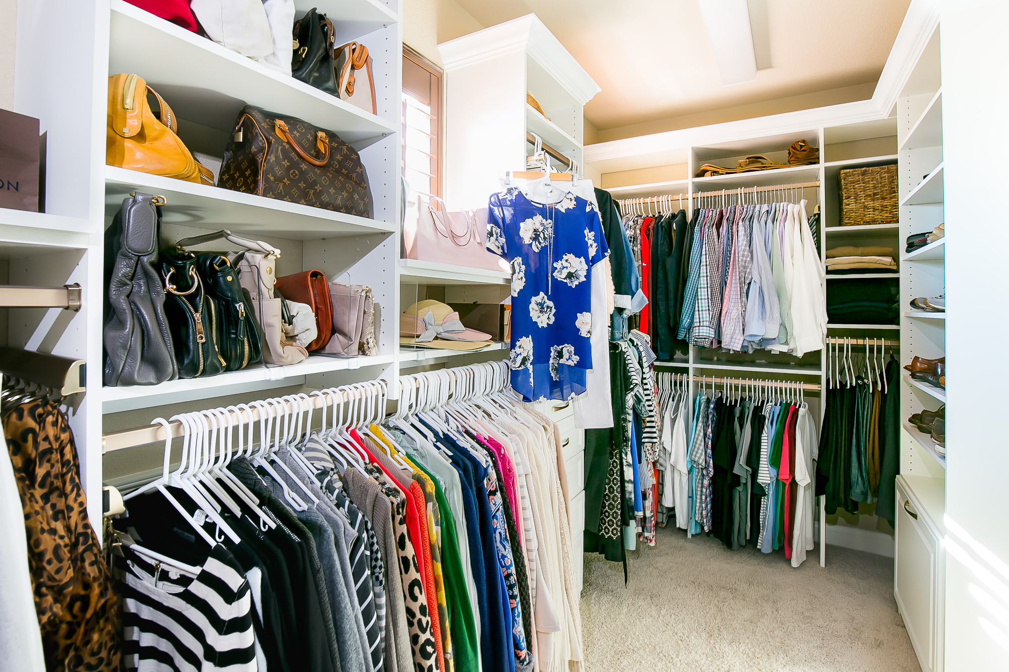 Customwhitewalk inclosetwithpurseandhatstorageinSacramento