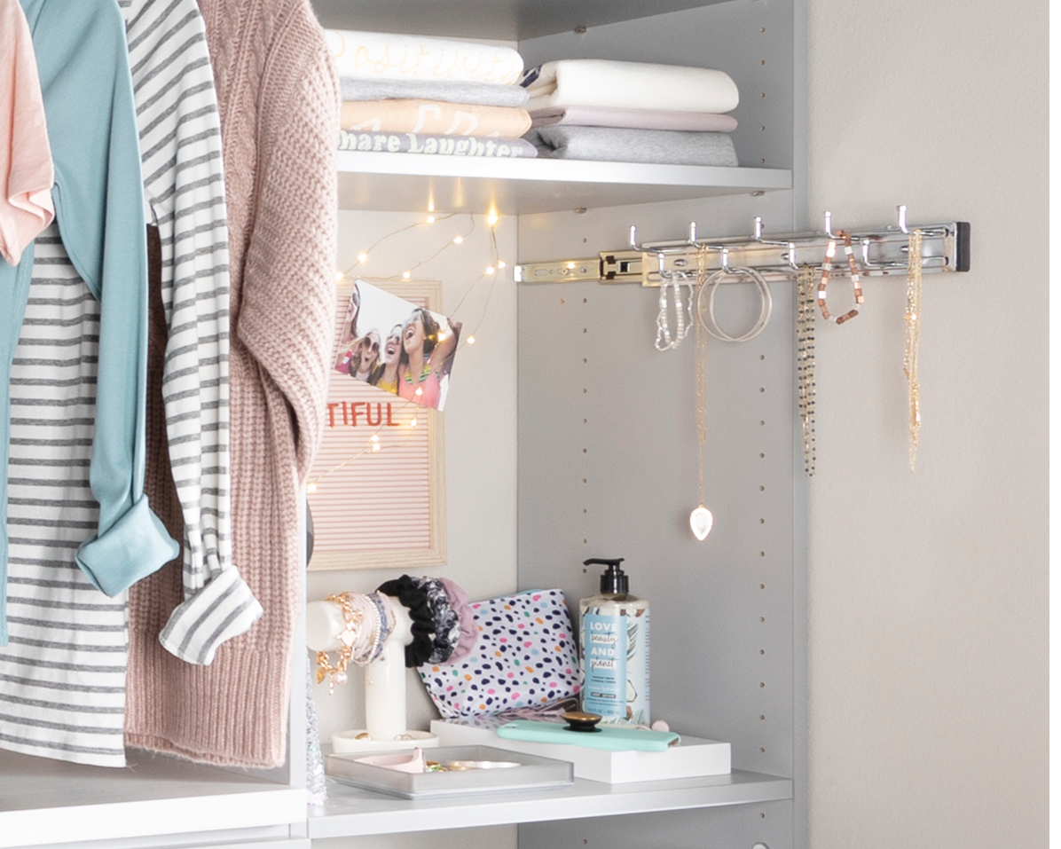 Custom grey closet for teen girls with jewelry storage from Inspired Closets