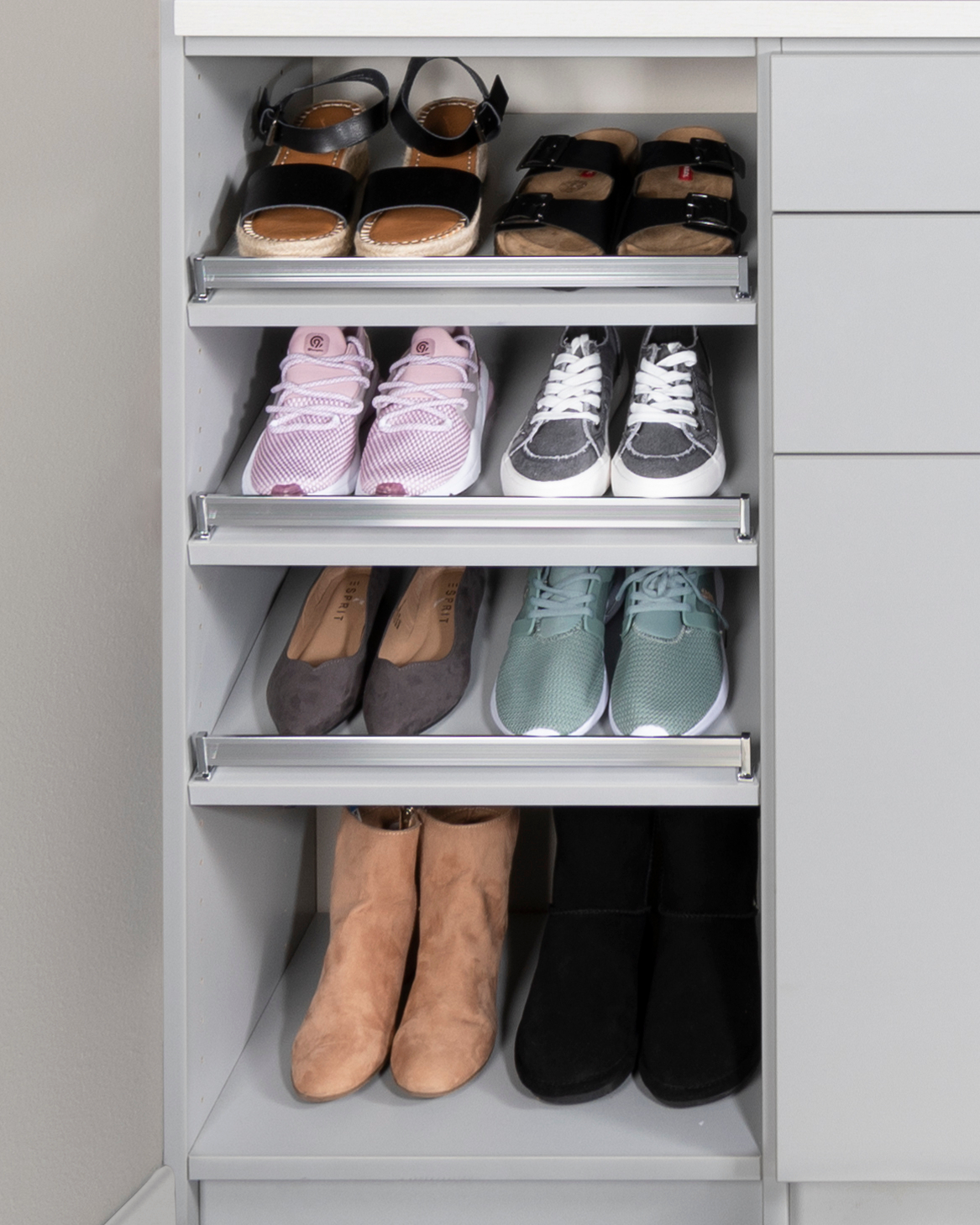 Custom grey closet for teen girls with custom shoe storage from Inspired Closets