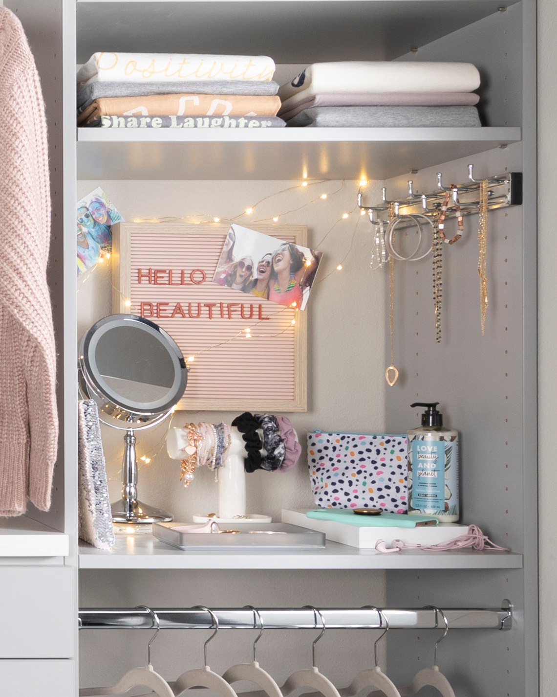 Custom grey closet for teen girls with custom shelving from Inspired Closets