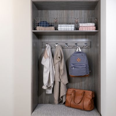 Custom driftwood entryway with bench from Inspired Closets