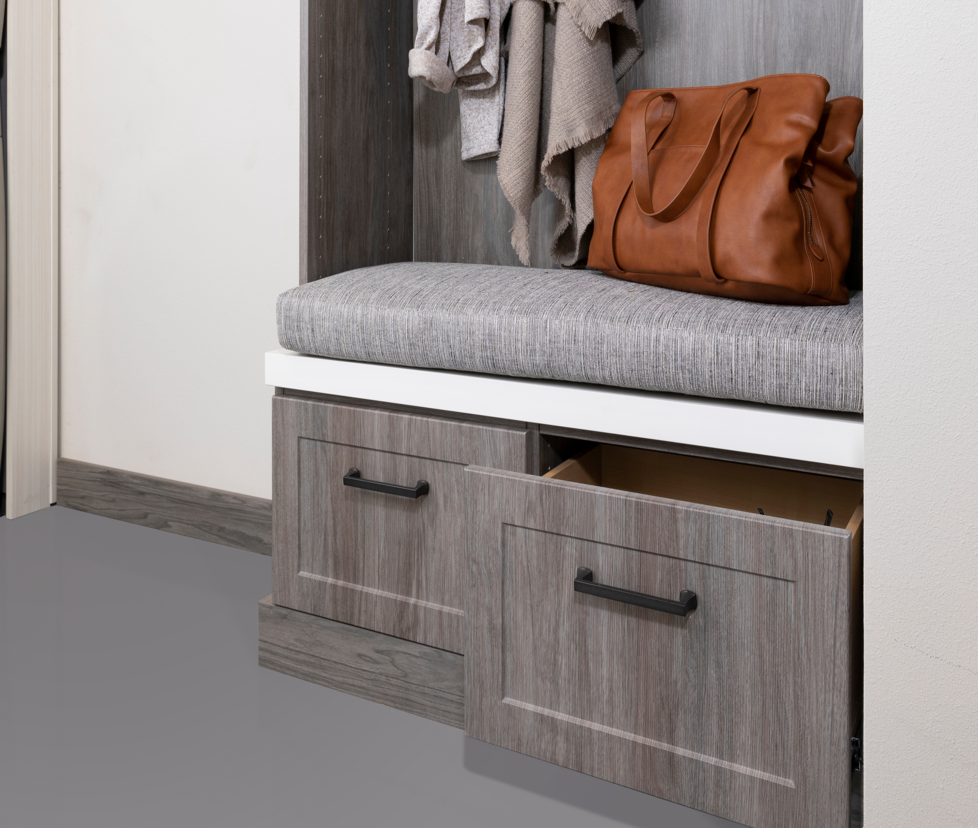 Custom mudroom bench with drawers from Inspired Closets