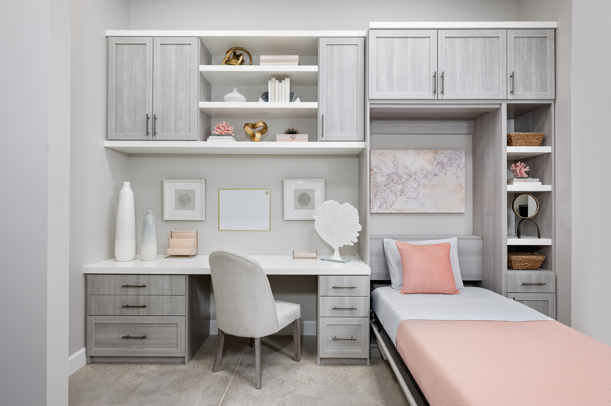 Custom home office storage with Murphy bed and shelving storage