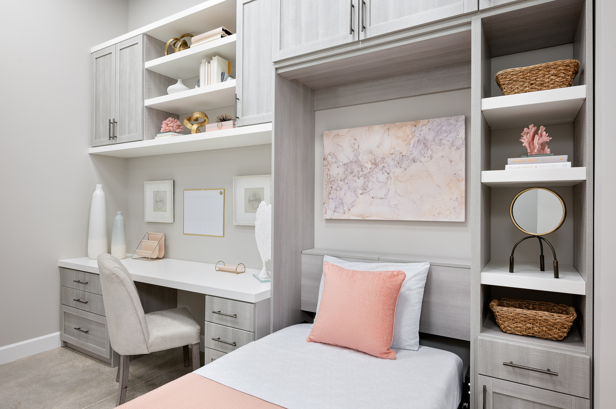 Custom home office storage with wall bed and shelving storage