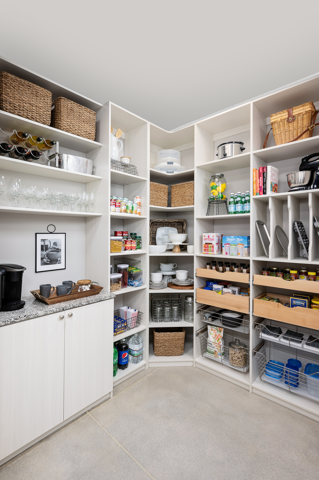 Custom pantry storage system with wet bar storage in Vero Beach, Florida